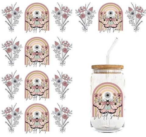 URFEDA 5pcs UV DTF Transfer Sticker Für Glas 16oz Transferaufkleber DIY Glas Tasse Aufkleber für 16oz Tasse Glasflasche Klar Film Transfer Papier Kaffeebecher Rub on Transferaufkleber Für Tassen