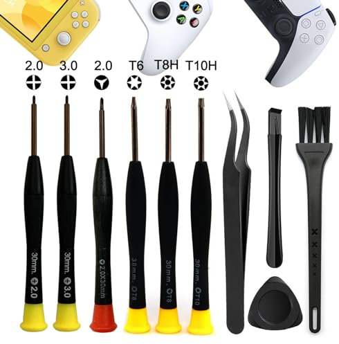 Cleaning Repair Tool Kit for Playstation PS Xbox Switch Controller and Console, Crossed Screwdriver PH00(+2.0) PH0(+3.0) and Y2.0, Torx Security Screwdriver Set T6 T8H T10H, Tweezer,Crowbar(Kit-10pcs)
