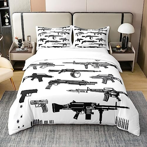 Loussiesd Gun Bettwäsche Jungen 3D Guns Drucken 100% Baumwolle Bettwäsche Set 220x240cm Criminal Rifle Shotgun Bettbezug Arme Munition Betten Set,Room Dekor 100% Baumwolle Bettwäsche Set 220x240cm