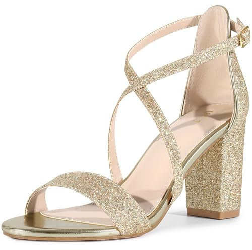 Perphy Glitter Sparkly Dress Pumps Open Toe Crisscross Strap Chunky Heel Sandals for Women Gold 4 UK/Label Size 6 US
