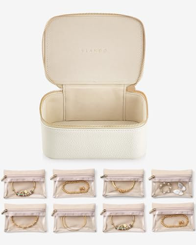 Vlando Reise schmuckkasten, Modern Schmuckkästchen mit 8 Schmuckbeutel, Reise Schmuck organizers aus Leder, Transparente Samtbeutel, Schmuck-Etui für Frauen, Mädchen, Geschenk, Weiß
