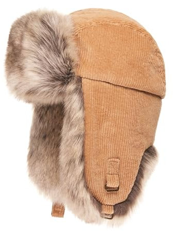Futrzane Trappermütze aus Cord - Ushanka Damen - Winter Mütze mit Ohrenklappen (S, Beige - Beige Siberian)