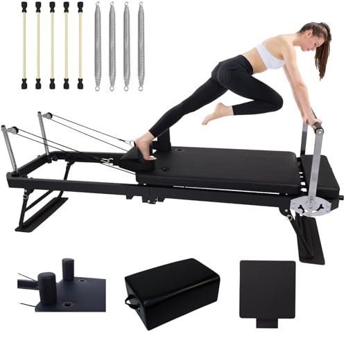 FUIPOT Verbessertes Pilates-Reformer-Maschinen-Set, faltbare Pilates-Ausrüstung für Heimtraining, verstellbares Doppel-Schulterkissen, Pilates-Übungsgerät mit quadratischer Box und Sprungbrett, Feder