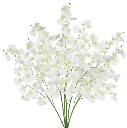 Hollyone 6 Stück Kunstblume Orchideenzweig Blumenstrauß Seidenblumen mit Langem Stiel, Dekorative Blumen Weiße Kunst Orchideen Wie Echt, Kunstzweig Deko für Vase Hochzeit Heim Büro Dekoration