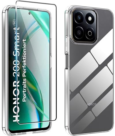 Rojeuinn cover per Honor 200 Smart 5G +1 pezzo Vetro Temperato, Proteggi schermo ultra trasparente con durezza 9H, custodia protettiva morbida anticaduta e antipolvere -Trasparente