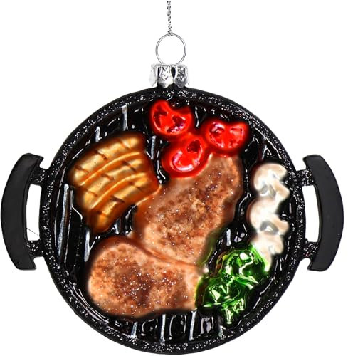Christbaumschmuck 10cm Glas - BBQ Kugelgrill Figur zum Aufhängen - handbemalt & mit Glitzer - Weihnachtsbaum Anhänger für Weihnachten - Christbaumanhänger & Weihnachtsbaumschmuck - Barbecue Schwarz
