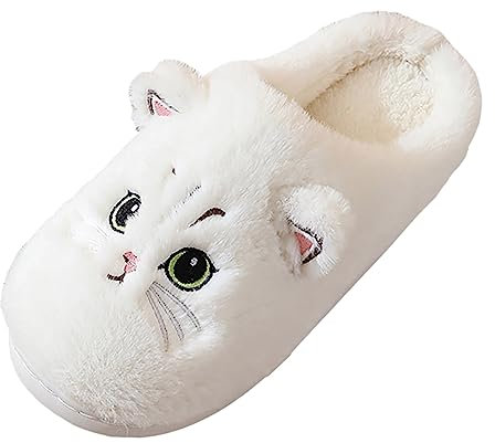 Ciabatte Pelose Gatto Uomo Donna, Morbida Carino Cartone Animato Casa, Pantofole Bambina Inverno Peluche Interne Comode Caldo Scarpe di Cotone (01-White, 38)