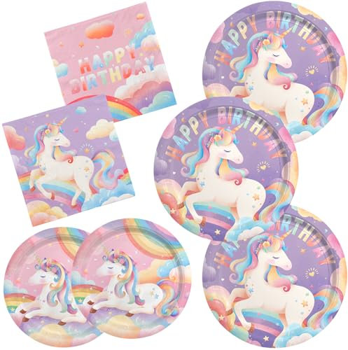 Unicorn Party Supplies Set for 16 - Unicorn Birthday Decorations with Dinner & Dessert Plates， Napkins - Ideal Unicorn Party Favors & Decor Kit