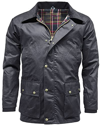 FASHIONISM Barker - Giacca cerata da uomo con cappuccio staccabile e fodera in tartan, per adulti, a maniche lunghe, con cerniera