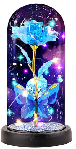 FAYODO La Belle et la Bête - Rose éternelle - Cadeau pour maman - Dans un dôme en verre avec lumière LED - Socle en bois pour petite amie, femme - Pour Noël, la fête des mères, un anniversaire, la