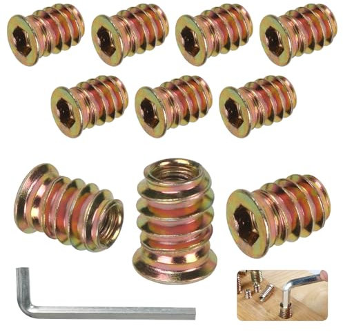 BOUMVID Insert Fileté Bois M6 x 10mm, 10 Pièces Douille Filetée Visser Inserts Écrous à Zinc, Insert D'écrou Borgne Metal Ecrou Hexagonal, Intérieur Manchons a Visse Vis Tête, pour Meubles en Bois