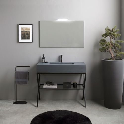 KIAMAMI VALENTINA - Bodenstehendes Möbel mit schwarzem matten Metallständer 100cm, graues Harzwaschbecken und Spiegel 100x60 | Manchester