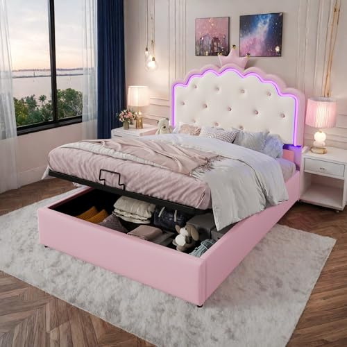 Wyibwy Letto imbottito 140 x 200 cm,letto contenitore idraulico,letto matrimoniale con luce ambiente,forma a corona di principessa,con rete a doghe,PU,per Bambini,Rosa