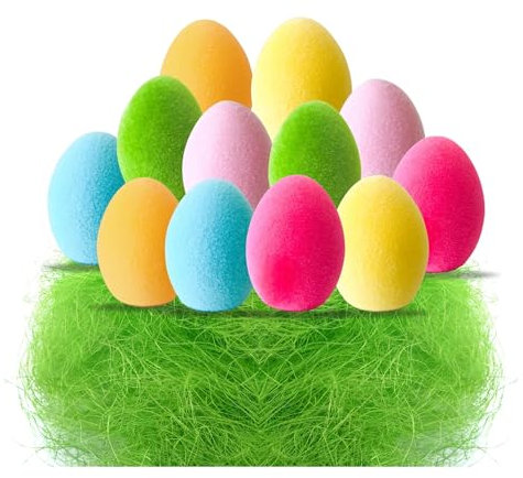 AKH® 12er-Pack beflockte Ostereier mit grünem Gras-Set | Schaumstoff-Eier zum Basteln, Foto-Requisiten, Eiersuche, Partydekoration, Korbfüller, Garten- und Nestdekorationen