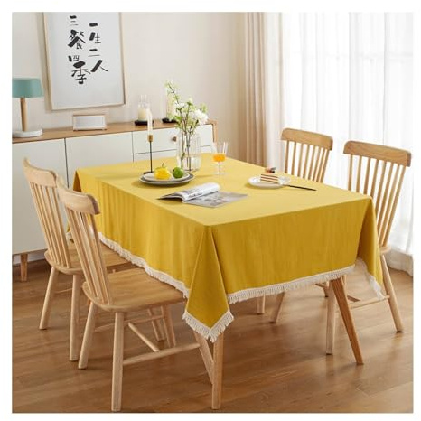 Stfery Tischdecke Baumwolle Mit Quaste Gelb, 120x120cm, Tischtuch Uni Modern, Tischdecke Quadratisch Deko