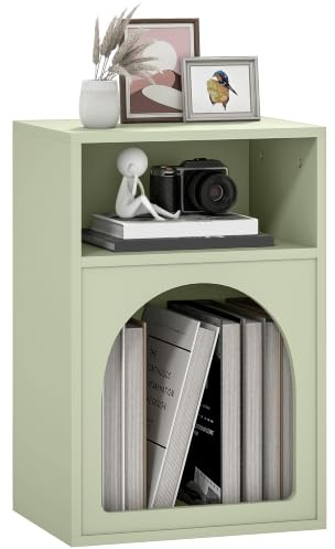 HOMCOM Bedside Table Bedside Cabinet 2 Open Compartments Light Green | Modern, Unique Arch Design, Side Table, Living Room, Bedroom