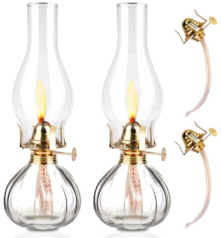 2 Stück Petroleumlampe für Innenräume, Öllampen aus Glas Retro Nostalgie Transparente Einstellbare Helligkeit Winddicht Dekorative Öllampe für Wohnzimmer Notfalleinsatz Esszimmer