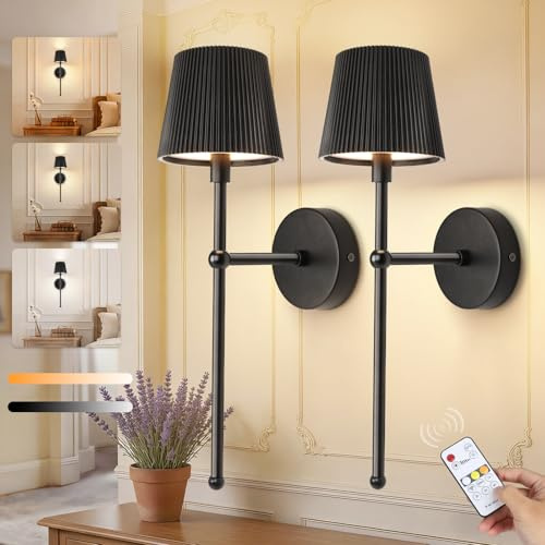 Ketom Rechargeable Wall Lights, Battery Operated Wall Lights with Remote | 2 Pack Wireless Sconces with Remote, 3 Color Temperature, Dimmable, Timer Function, Black, for Bedroom Living Room Hallway