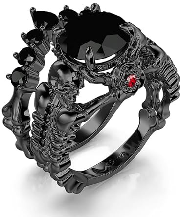 Gothic Schädel Ring Set Schwarz Rot Zirkonia Stapelring Skelett Totenkopf Vorsteckring Birnenschliff Rundschliff Doppelring Sterling Silber Fingerring für Damen Herren Halloween