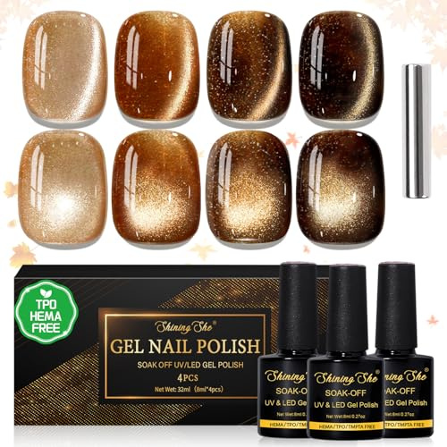 Shining She UV Nagellack Braun Magnet CatEye, 4 Farben HEMA-Free TPO-Free Gel Nagellack Herbst Winter Glitzer Cat Eye Braun Serie Soak-Off UV Gel Polish für Maniküre Salon DIY zu Hause, 8ML