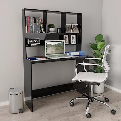 Scrivania con ripiani, colore nero lucido, 110 x 45 x 157 cm, design salvaspazio per ufficio domestico, robusto legno per gaming computer desk