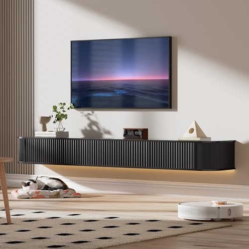 PURFINO Floating TV Stand Unit with RGB LED Light - 180CM Wall Mounted TV Cabinet with Upgraded Storage & Rounded Edges, Modern TV Media Console for 65-75 Inch TVs