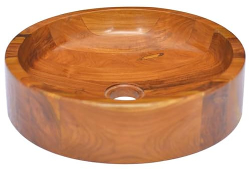 Lavabo da appoggio in legno massiccio di teak, diametro 40 x 10 cm, con foro per rubinetto, lavabo per ospiti con troppopieno, lavabo sospeso