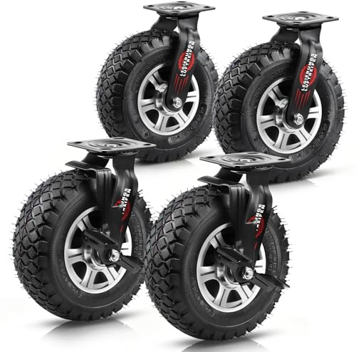360° 2 Lenkrollen mit Bremse und 2 Lenkrollen Ø 250 x 90 mm, 4er Set | Luftbereiftes Schwerlastrad, Ruhiger Luftreifen, Aluminium-Leichtmetallrad, für Wagen, Karren, Pro Rad: 170 kg