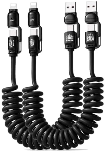 2 Pack Coiled USB C Car Cable 2M, 4-in-1 240W USB C to USBC, CarPlay Fast Charging Coil Cord with Lightning Use for Car, Cable for iPhone 17/16/15 Pro Max, for Galaxy S25/S24 A15/A14, More