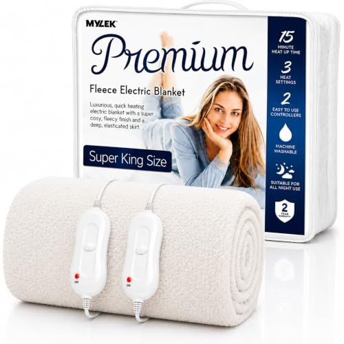MYLEK Electric Blanket Superking Size Fleece, Size 203 x 182 x 40cm, Dual Control, Machine Washable, Fully Fitted Heated Mattress Cover Bed Underblanket, Overheat Protection (Super King)