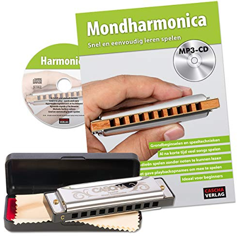 CASCHA Mundharmonika Anfänger Set mit niederländischer Schule, Blues Harmonica spielen lernen, inklusive Case, Pflegetuch und Lehrbuch, C Dur Harmonika, Silber