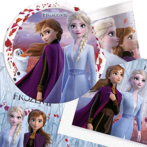 CAPRILO. Lote de Cubiertos Infantiles Compostables Frozen 2 (40 Vasos, 40 Platos y 40 Servilletas) .Vajillas y Complementos. Juguetes para Fiestas de Cumpleaños, Bodas, Bautizos y Comuniones.
