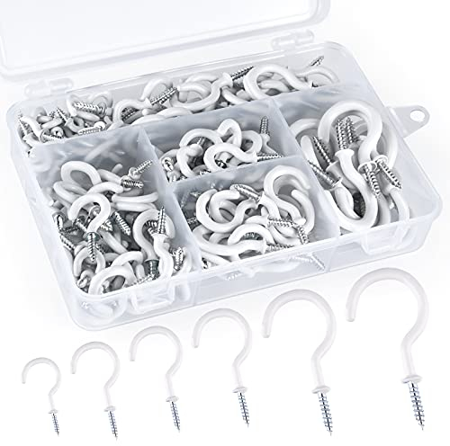 FEPITO 170 Stück Vinyl Schraubhaken,Hakenschrauben Deckenhaken Kit Schraubhaken Cup Haken beschichtet Cup Haken Mit Schutzhülle Aus Kunststoff,6 Größen (Weiß)