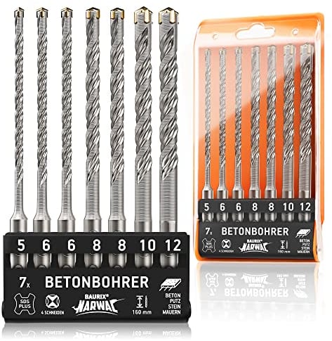 BAURIX® SDS Plus Betonbohrer-Set [7-teilig] mit Karbidspitze für Mauerwerk, Beton & Trockenbau – Beton bohren wie durch Butter – Set 5, 6, 8, 10, 12 mm – Länge: 160 mm