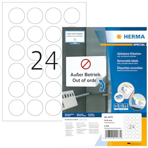 HERMA 4476 Universal Etiketten ablösbar rund, 1400 Blatt, Ø 40 mm, 24 pro A4 Bogen, 33600 Stück, selbstklebend, bedruckbar, matt, blanko Papier Klebeetiketten Aufkleber, weiß