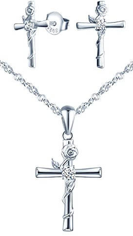 CPSLOVE Kreuz Halskette Ketten Ohrringe für Damen mädchen, 925 Silber Schmuck-Sets, Kreuz eingelegte rosen Halskette Anhänger, Kreuz-rosen Ohrringe, Zirkon, silber