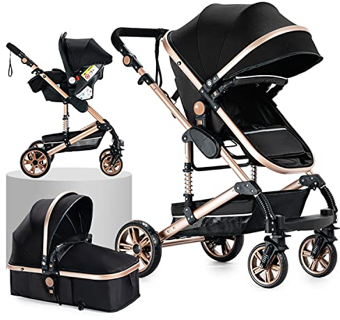 Prokoke Passeggino Trio, Trio Passeggino Neonati con Due Modi Reversibili per Spingere, Passeggino 3 in 1 con Una Lega di Alluminio a Cornice, Trio con Design Pieghevole in Un Clic (739 Black Gold)