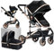 Prokoke Passeggino Trio, Trio Passeggino Neonati con Due Modi Reversibili per Spingere, Passeggino 3 in 1 con Una Lega di Alluminio a Cornice, Trio con Design Pieghevole in Un Clic (739 Black Gold)