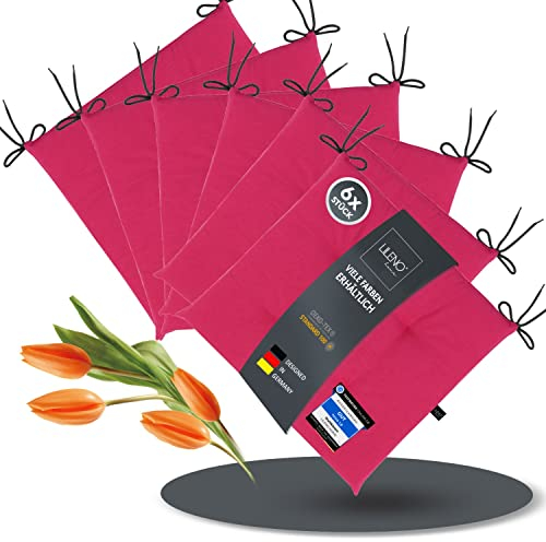 LILENO HOME 6er Set Stuhlkissen Pink (40x40x4,5 cm) - Sitzkissen für Gartenstuhl, Küche oder Esszimmerstuhl - UV-beständige Indoor u. Outdoor Stuhlauflage als Stuhl Kissen (Laura FUM)