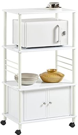 SoBuy FRG12-W Küchenwagen mit 3 Ablagen und 2 Türen Mikrowellenschrank Küchenschrank Rollschrank weiß BHT ca: 60x115x40cm