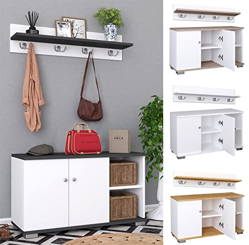 VCM Holz Sitzbank | 2-TLG.-Set | Schuhschrank | Maße: H. 82 x B. 90 x T. 33 cm | Wandpaneel mit 4 Haken | 2 Drehtüren | 2 Fächer | 2 offene Fächer - Gados L