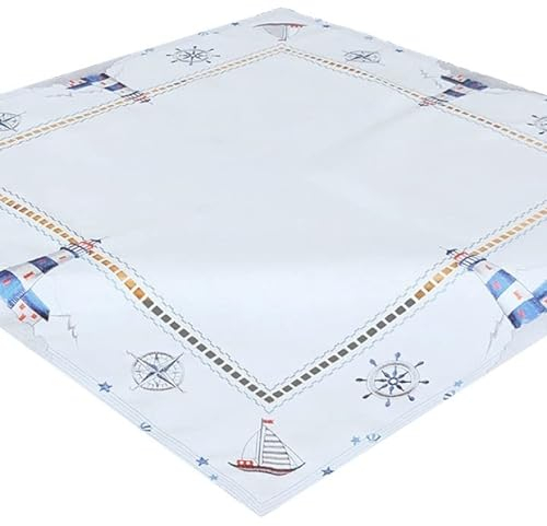 Tischdecke Tischläufer Mitteldecke Kissenhülle Bestickt mit maritimen Ornamenten in blau (85 x 85 cm)