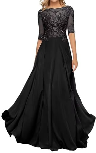 HYEC7 Women's Lace Appliques Mother of The Bride Dresses 3/4 Sleeve Long Formal Evening Dresses A Line Prom Dress Black