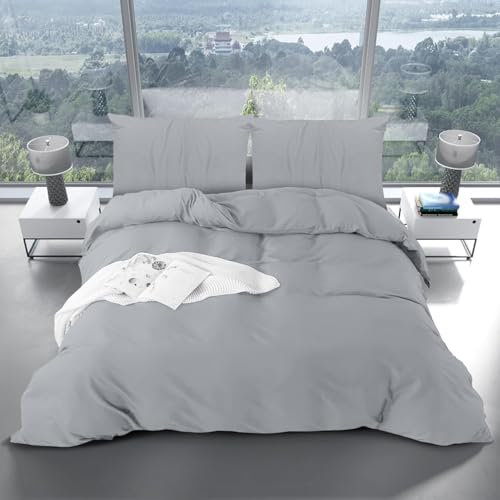 Yorkshire Bedding Duvet Cover Sets Soft Breathable Brushed Microfibre Plain Double Duvet Cover with Pillow cases Button Closure Quilt Cover Bed Set Silver