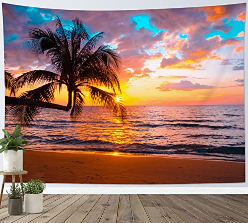 LB Wandteppich Strand von Sonnenuntergang Wandtuch Palme am Meer Wandbehang Tropische Insellandschaft an der Küste Tapisserie für Wohnzimmer Schlafzimmer Wohnheim Wanddeko,200x150cm