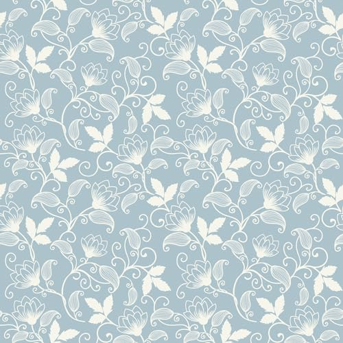 Yullpaper Tapete Blumen Blau Möbelfolie Selbstklebend Klebefolie Blumen für Möbel Schränke Tapete Selbstklebend Vintage Blaue Wasserfest Tapeten Wohnzimmer Muster Retro Blumentapete 44.5cm X 300cm