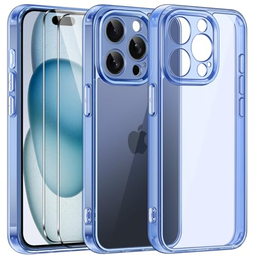 ivoler 3 in 1 Hülle für iPhone 15 Pro Max 6.7 Zoll, mit 2 Stück Schutzfolie, [Nie Vergilbung] [Militärischer Schutz] [Kameraschutz] Transparent Stoßfest Schutzhülle Kratzfest Case - Hellblau