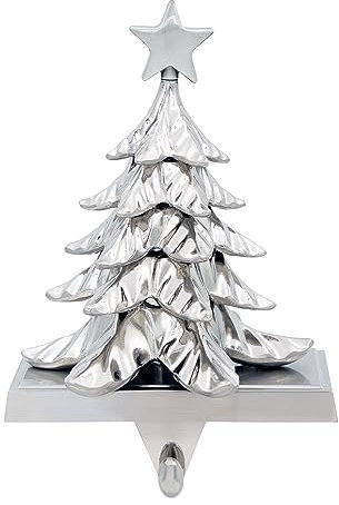 The Christmas Workshop Stocking Holder/Antique Finish Hanger in Silver or Gold/Festive Decoration with Metal Hook and Weighted Base/Reindeer or Christmas Tree (Silver Christmas Tree)