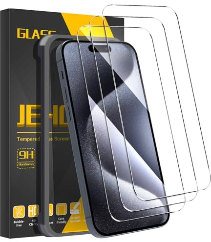 JEHOO 3 Stück Schutzfolie für iPhone 15 Pro 6,1 Zoll, Schutzfolie mit Positionierhilfe, Gehärtetes Glas Displayschutz, 9H Härte, Anti-Kratzen, Anti-Bläschen, Hülle Freundllich, HD Displayschutzfolie