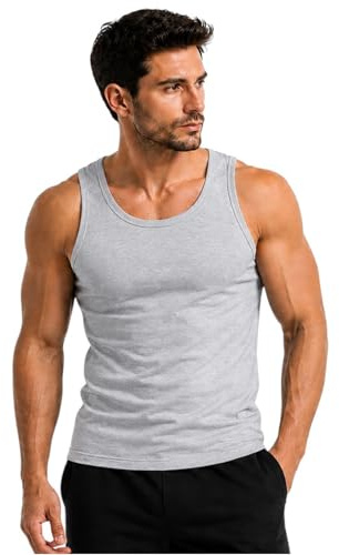 Men's 100% Cotton Singlet Sleeveless Vests Bodybuilding Training Gym Tank Tops Basic Plain Colour Casual Undershirt (L, Grey)